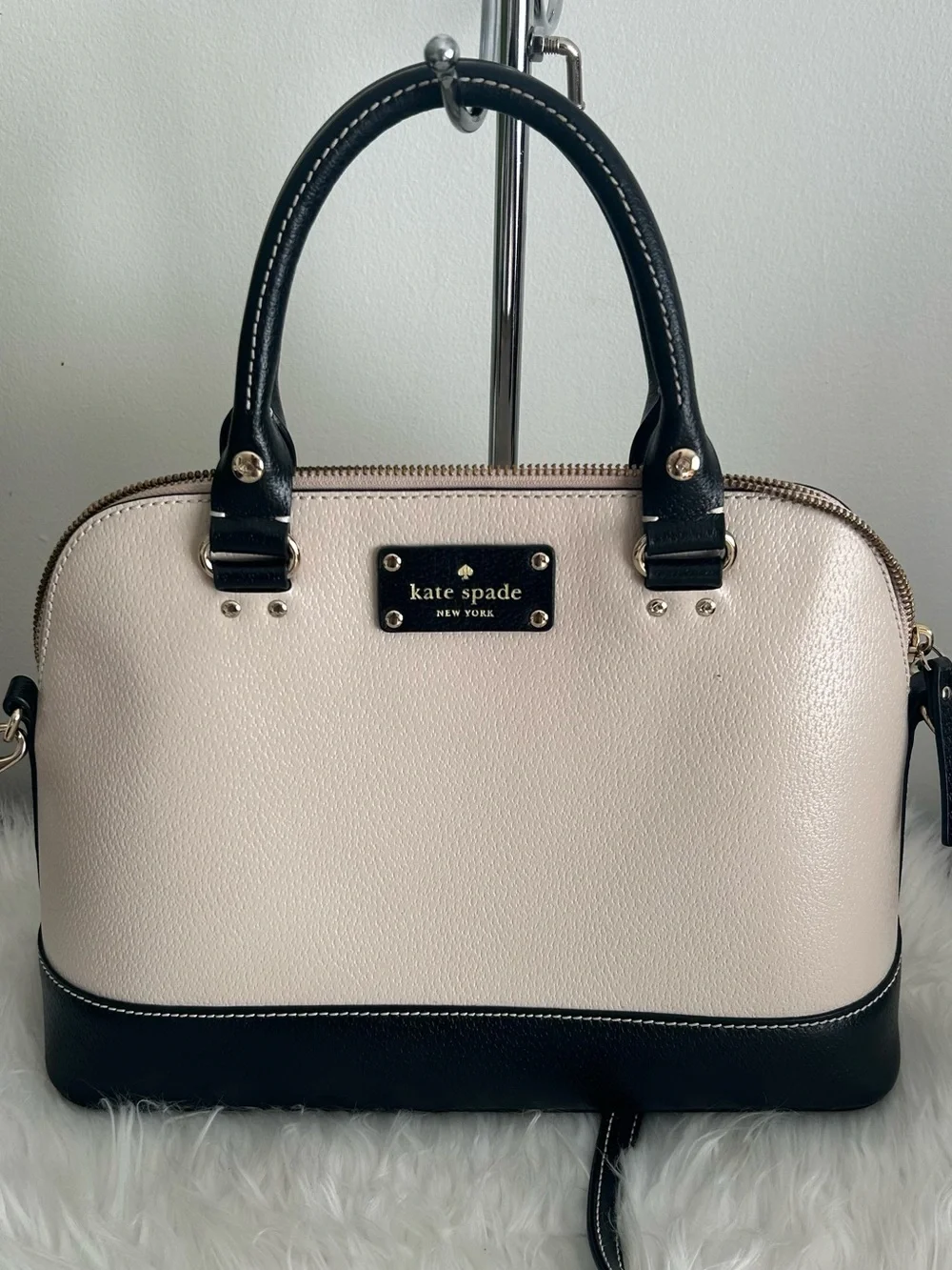 Kate Spade Cream Black Leather Dome Satchel Crossbody Shoulder Bag